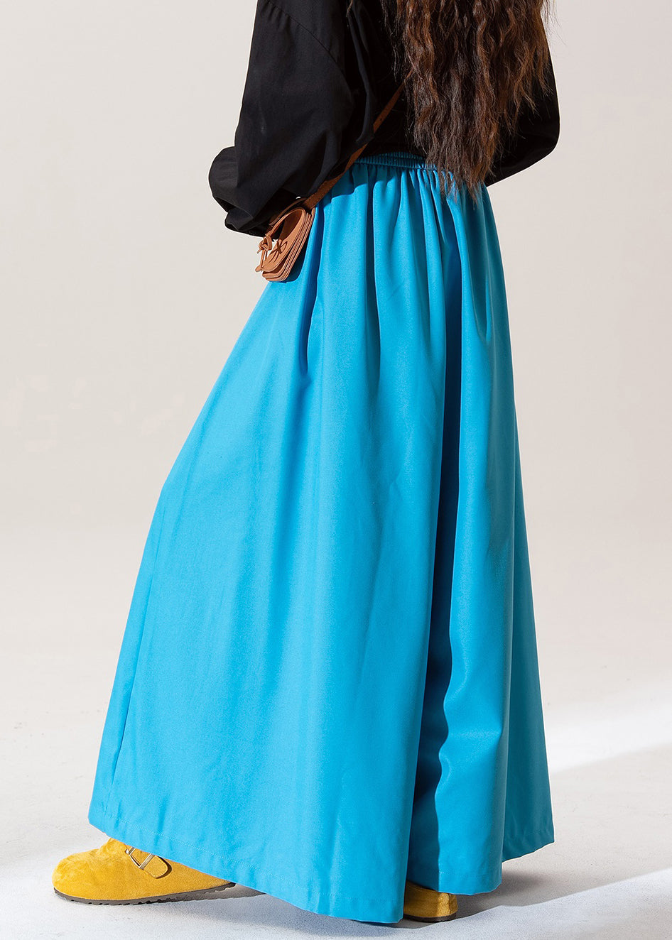 Women Blue Ruffled Elastic Waist Cotton Pants Fall