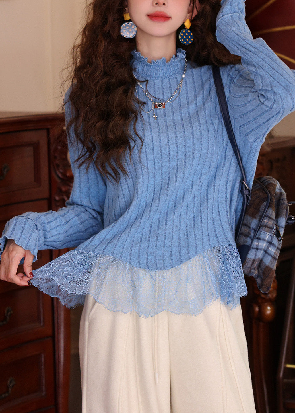 Women Blue Ruffled Lace Patchwork Knit Top Spring