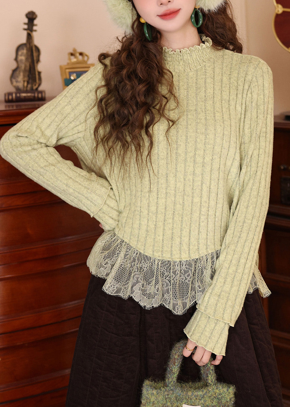 Women Blue Ruffled Lace Patchwork Knit Top Spring