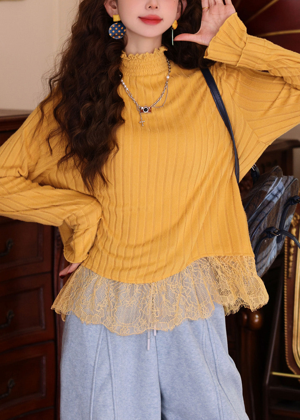 Women Blue Ruffled Lace Patchwork Knit Top Spring