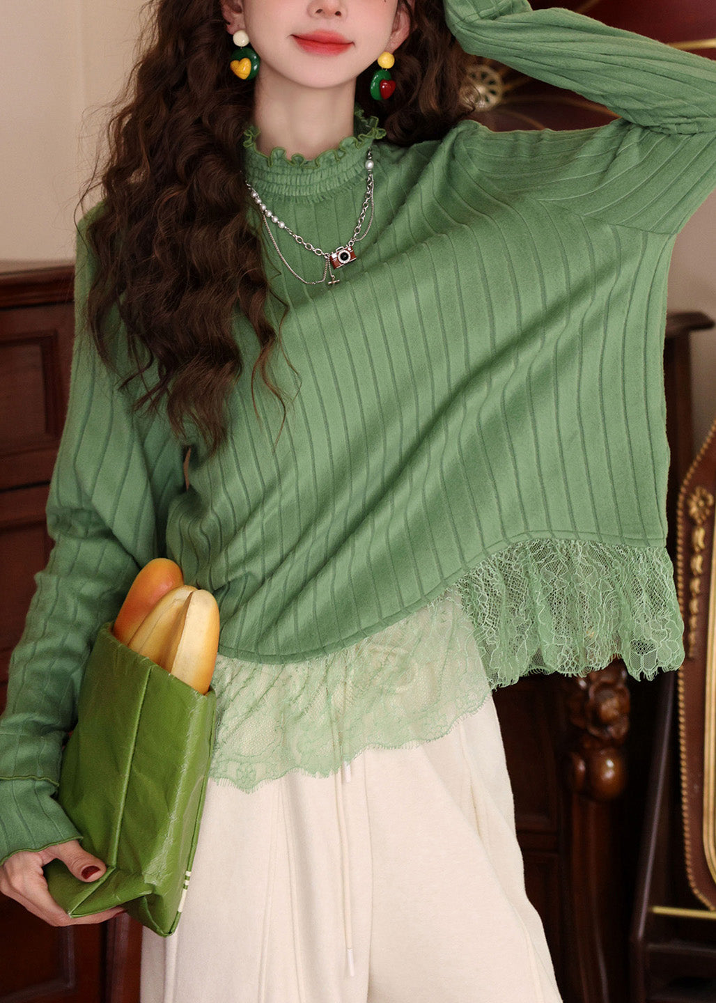 Women Blue Ruffled Lace Patchwork Knit Top Spring