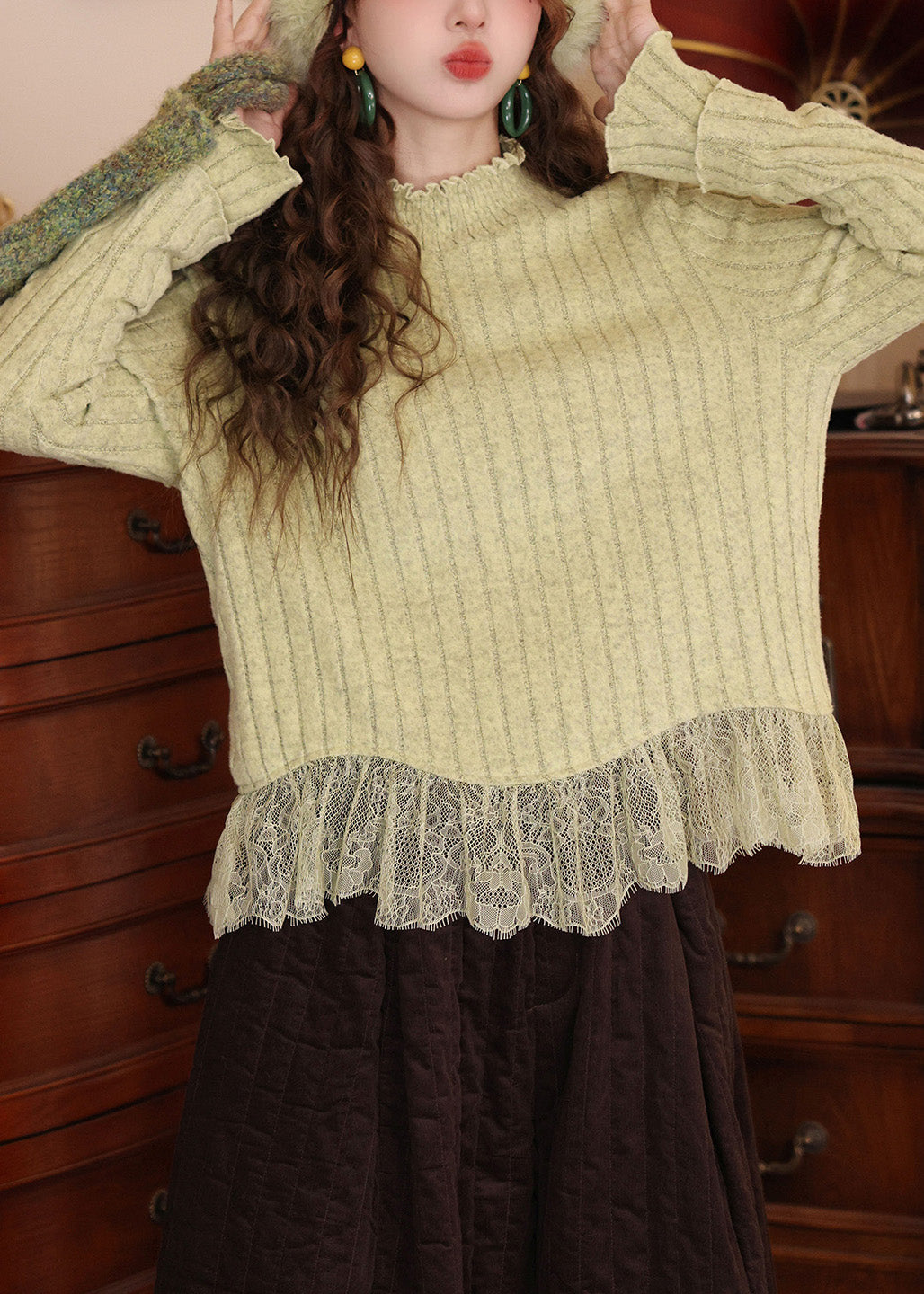 Women Blue Ruffled Lace Patchwork Knit Top Spring