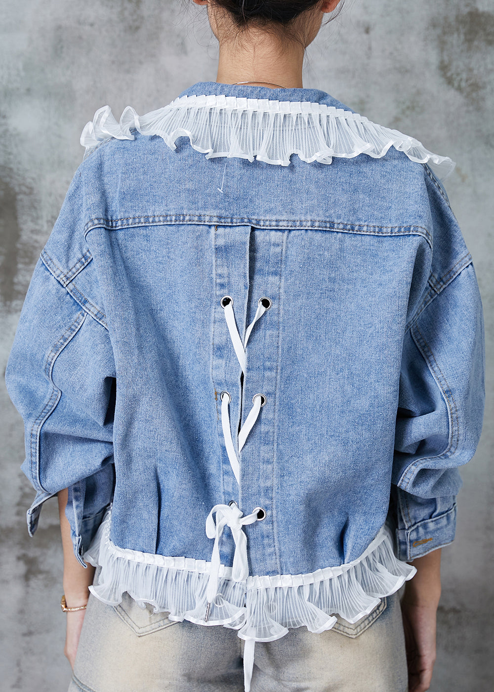 Women Blue Ruffled Patchwork Denim Coats Spring