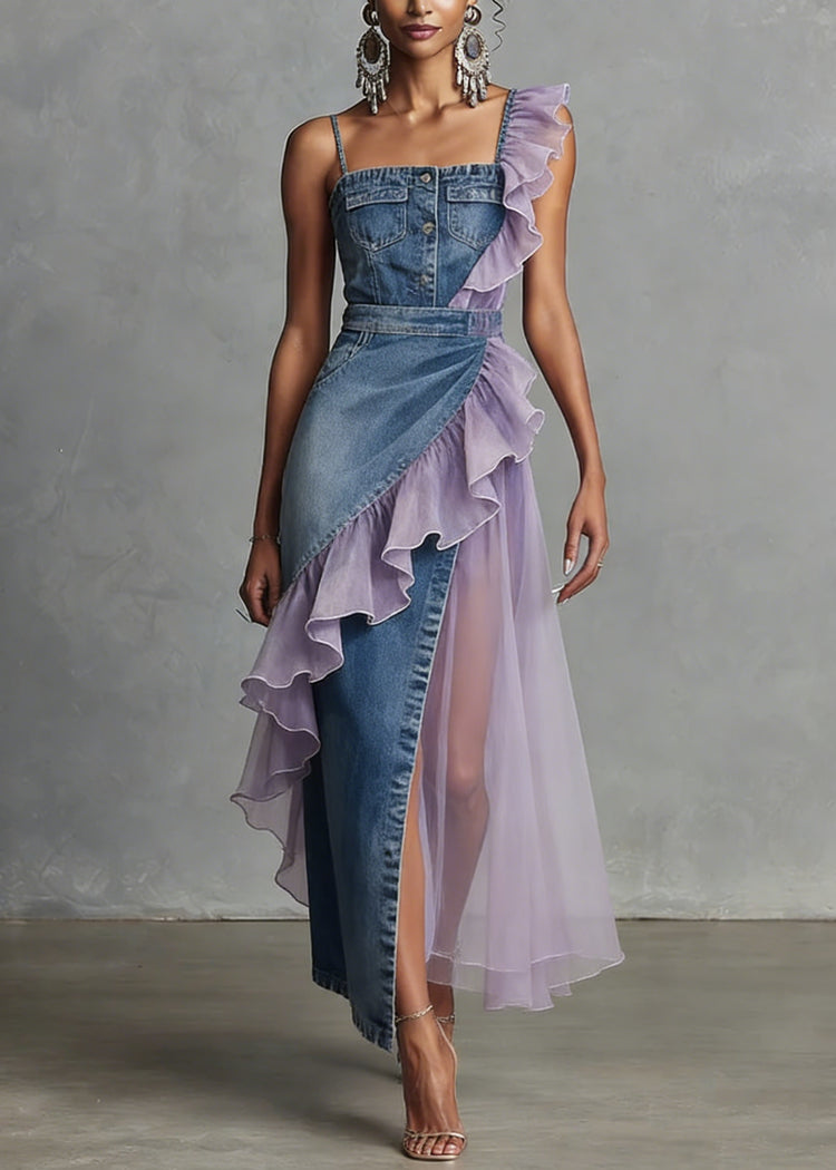 Women Blue Ruffled Patchwork Denim Spaghetti Strap Dress Summer - Omychic