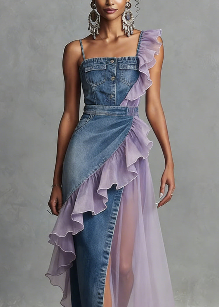 Women Blue Ruffled Patchwork Denim Spaghetti Strap Dress Summer - Omychic