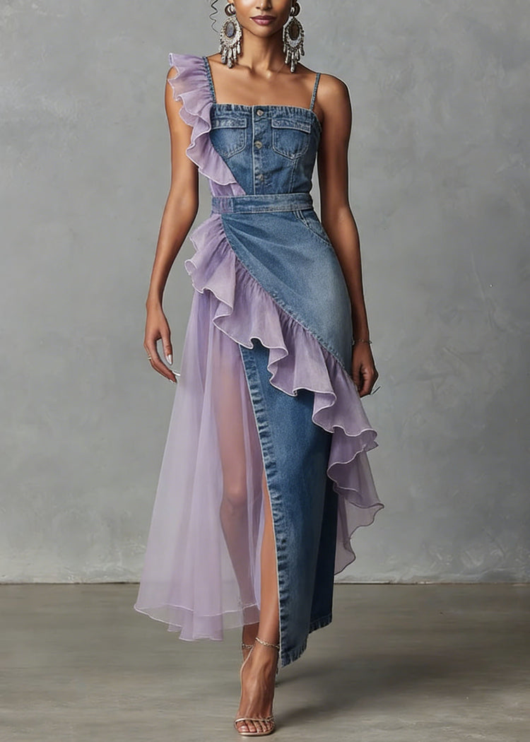 Women Blue Ruffled Patchwork Denim Spaghetti Strap Dress Summer - Omychic