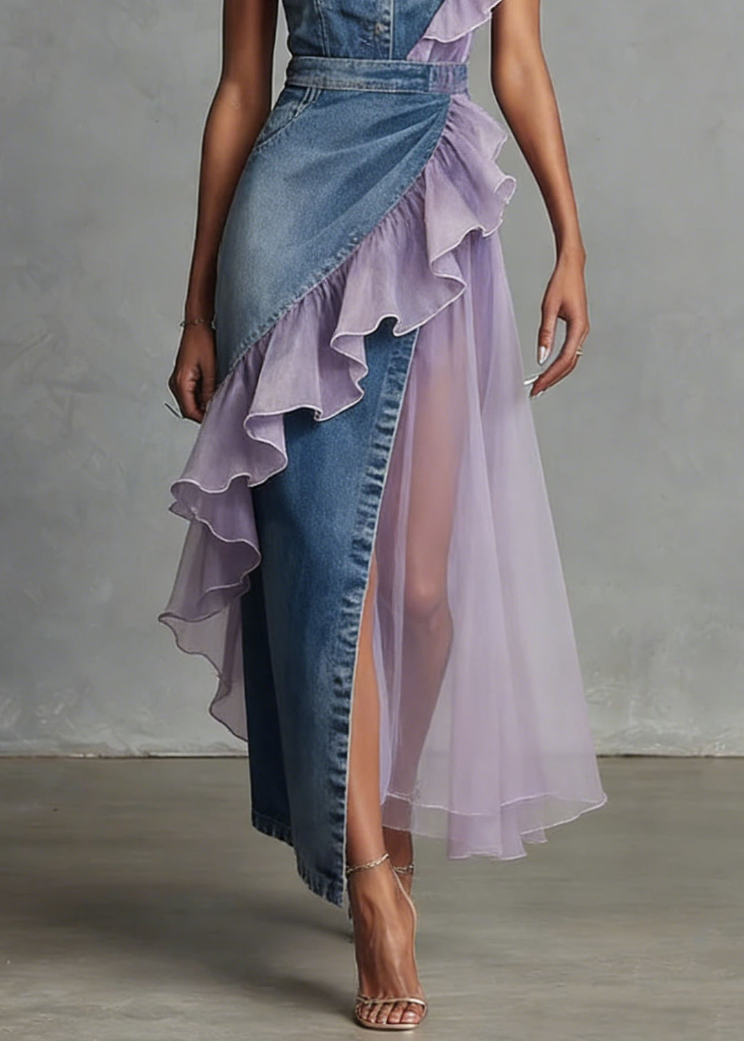Women Blue Ruffled Patchwork Denim Spaghetti Strap Dress Summer - Omychic