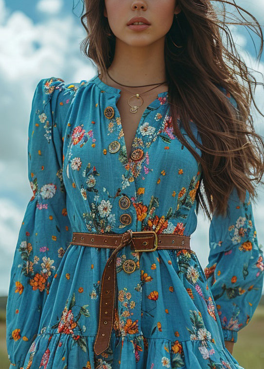 Women Blue Ruffled Print Button Cotton Short Dresses Spring