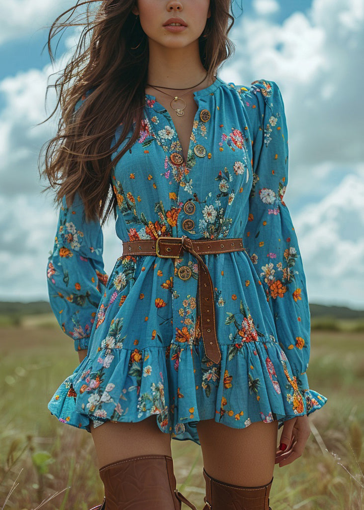 Women Blue Ruffled Print Button Cotton Short Dresses Spring