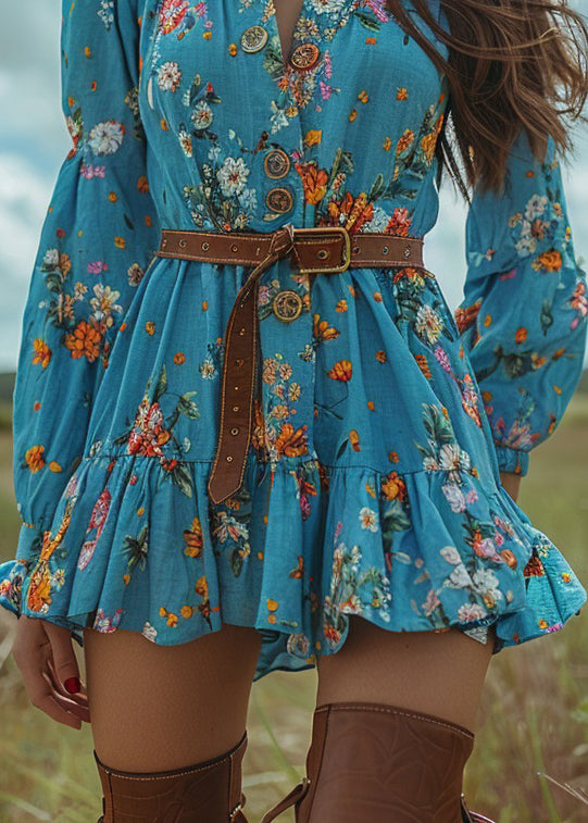 Women Blue Ruffled Print Button Cotton Short Dresses Spring