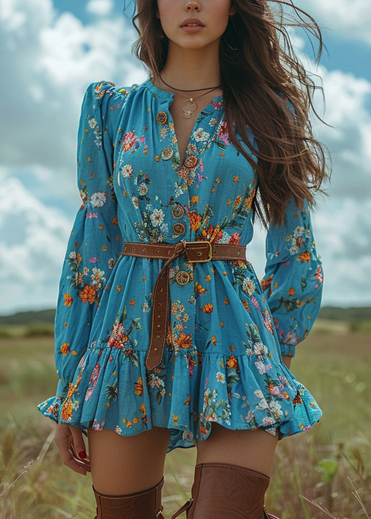 Women Blue Ruffled Print Button Cotton Short Dresses Spring