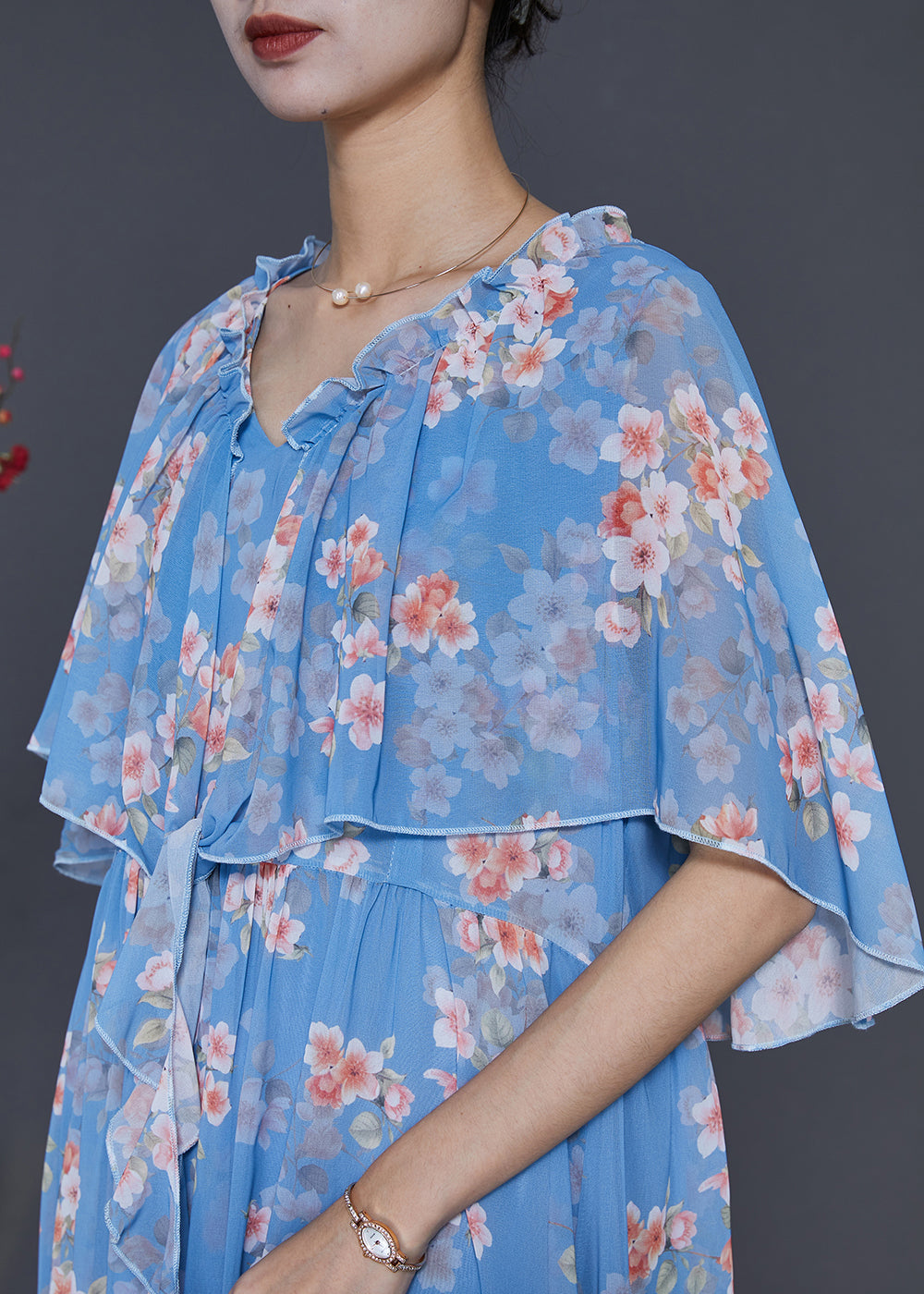 Women Blue Ruffled Print Chiffon Dresses Cloak Sleeves