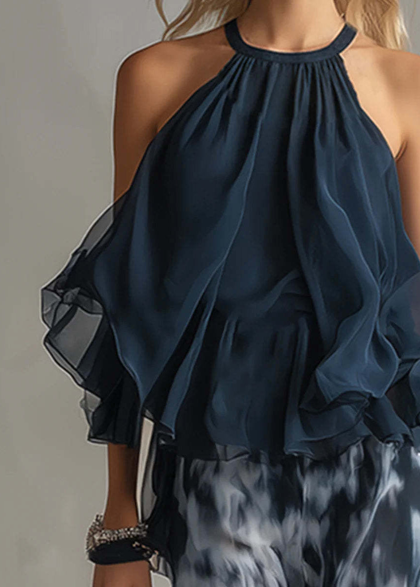 Women Blue Ruffled Print Chiffon Two Piece Set Clothing Sleeveless