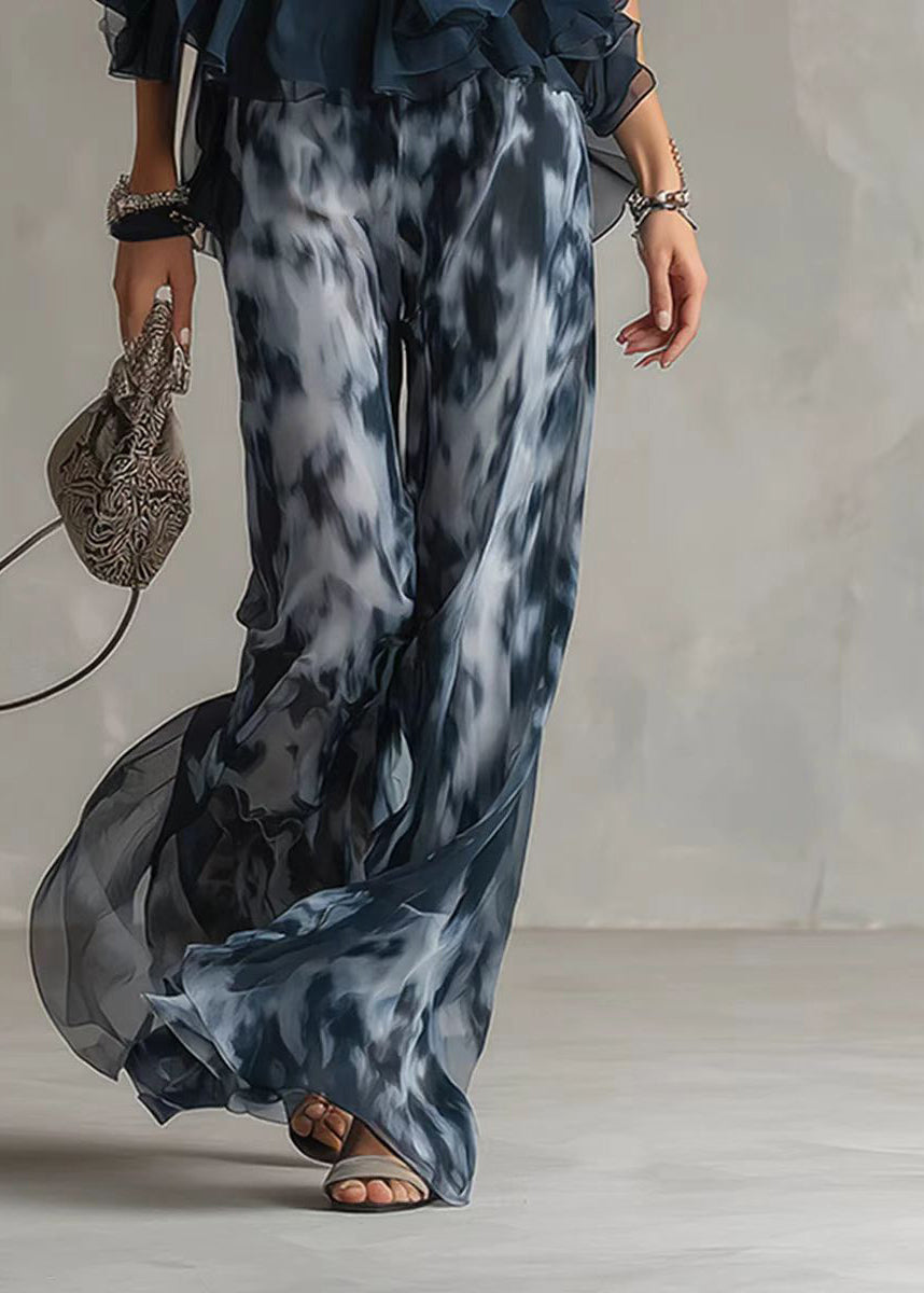 Women Blue Ruffled Print Chiffon Two Piece Set Clothing Sleeveless
