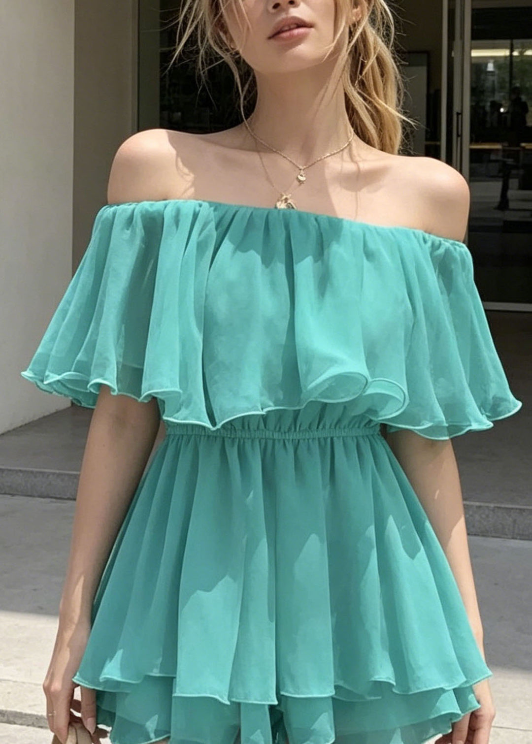 Women Blue Slash Neck Ruffled Patchwork Cotton Mini Dresses Summer