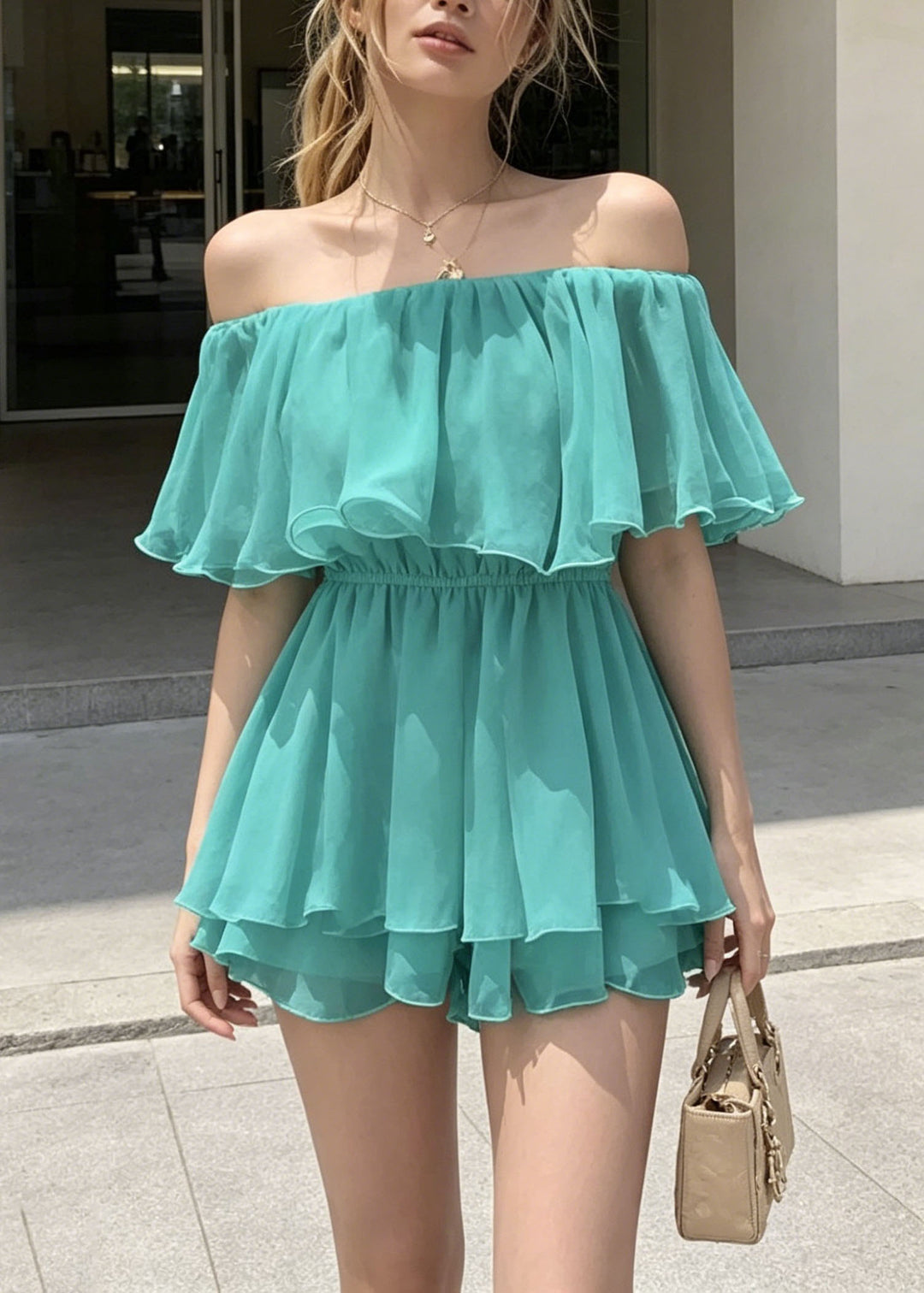 Women Blue Slash Neck Ruffled Patchwork Cotton Mini Dresses Summer