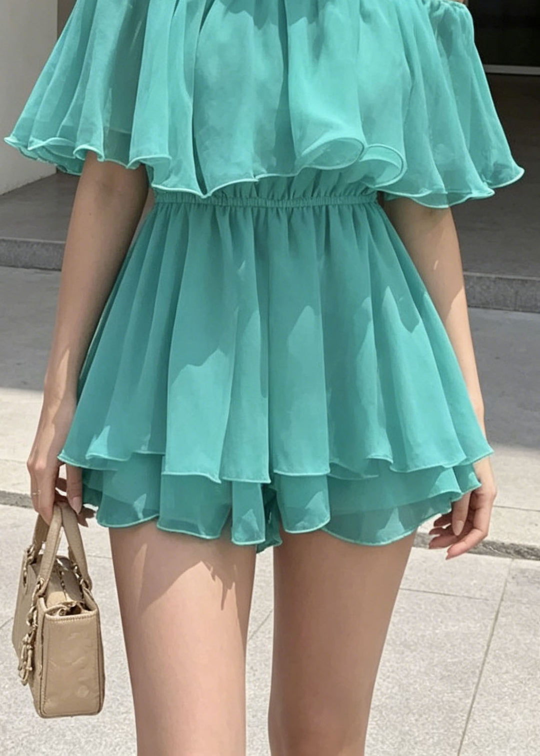 Women Blue Slash Neck Ruffled Patchwork Cotton Mini Dresses Summer