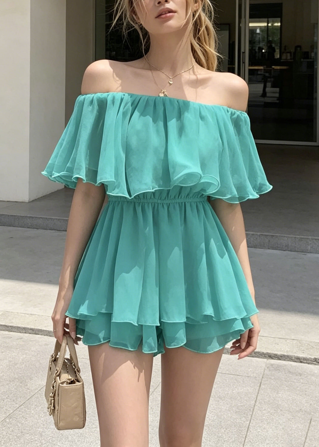 Women Blue Slash Neck Ruffled Patchwork Cotton Mini Dresses Summer