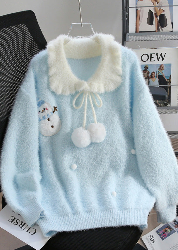 Women Blue Snowman Fuzzy Ball Decorated Knit Sweater Winter