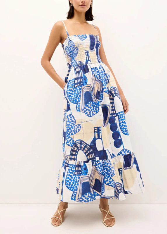 Women Blue Square Collar Print Long Spaghetti Strap Dress Sleeveless