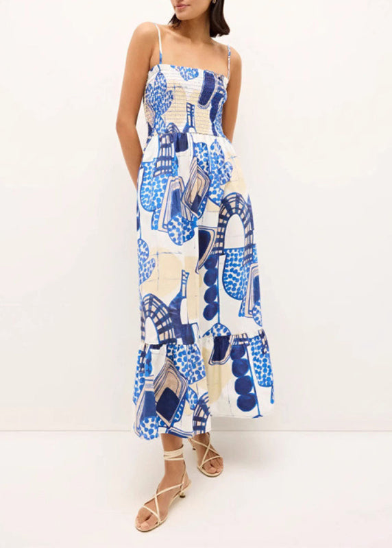 Women Blue Square Collar Print Long Spaghetti Strap Dress Sleeveless