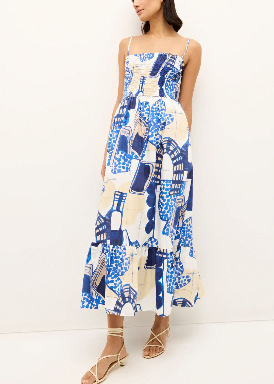 Women Blue Square Collar Print Long Spaghetti Strap Dress Sleeveless