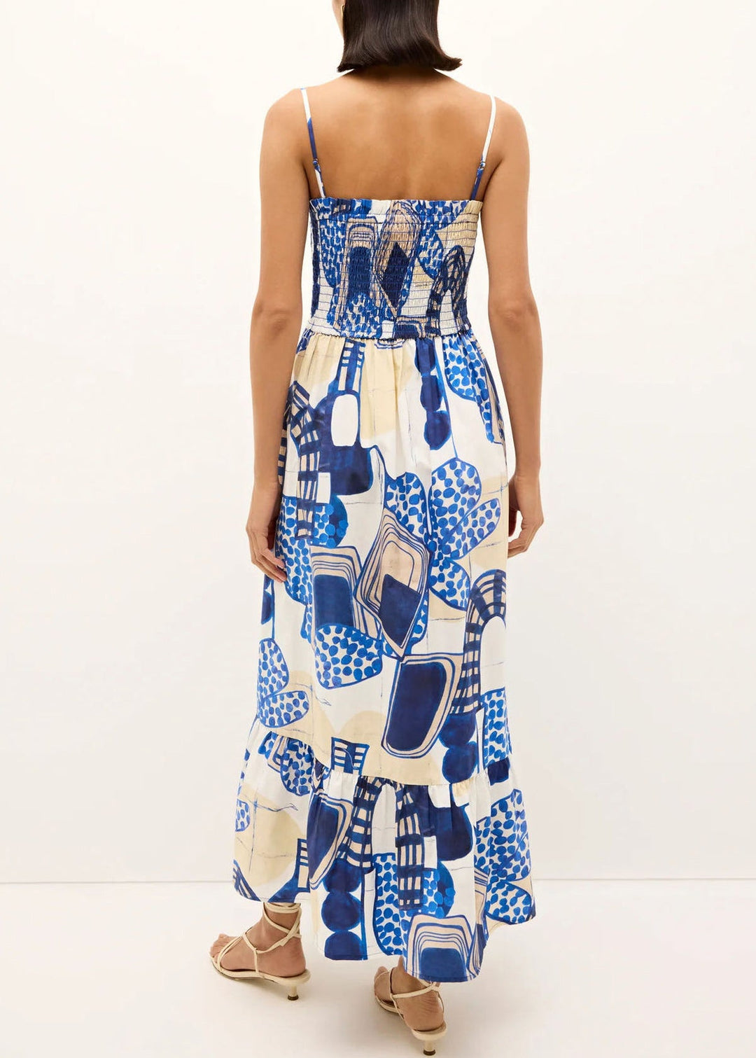 Women Blue Square Collar Print Long Spaghetti Strap Dress Sleeveless
