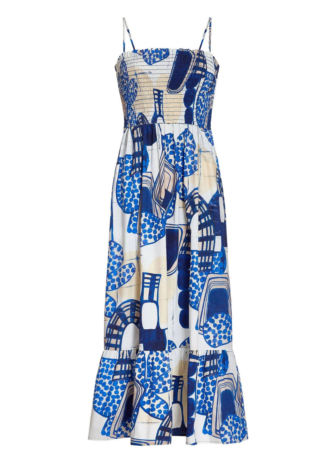 Women Blue Square Collar Print Long Spaghetti Strap Dress Sleeveless
