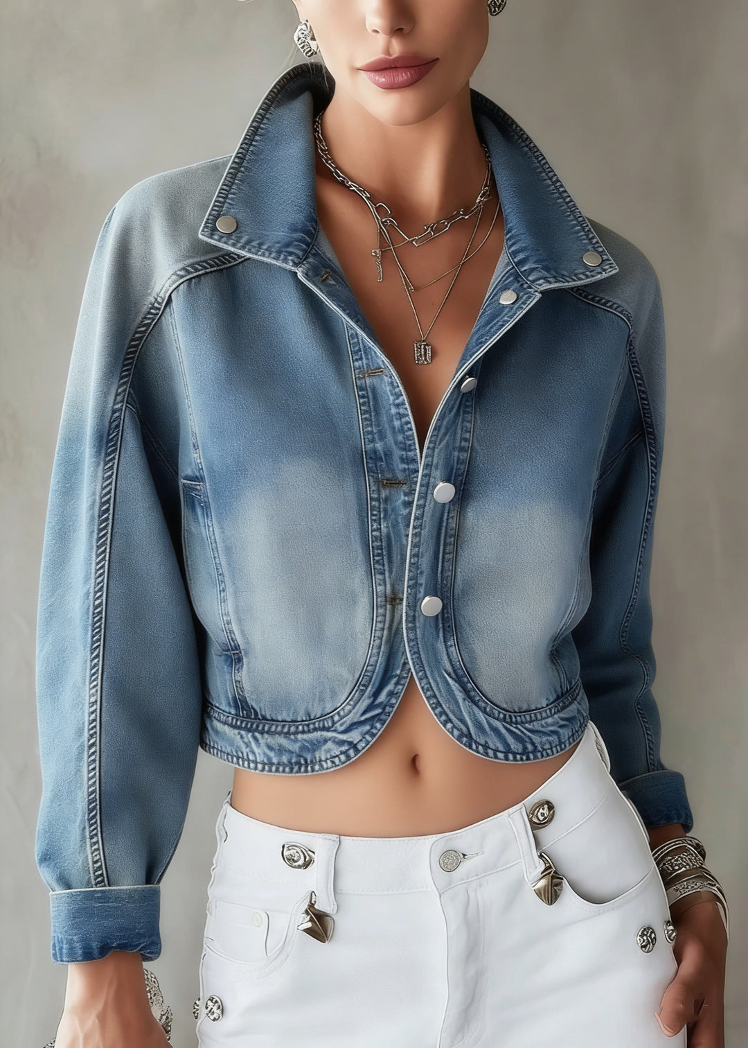 Women Blue Stand Collar Button Patchwork Denim Coat Spring