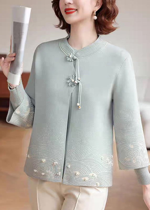 Women Blue Stand Collar Cotton Knit Coats Three Quarter Sleeve