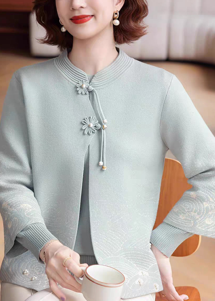 Women Blue Stand Collar Cotton Knit Coats Three Quarter Sleeve