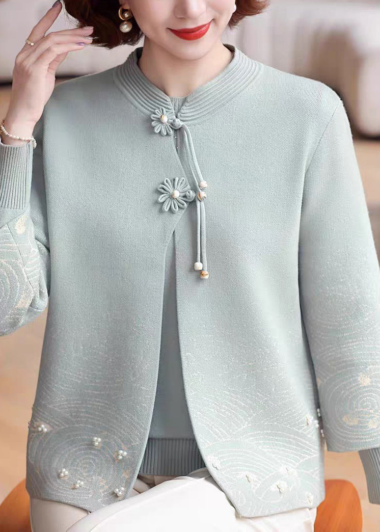 Women Blue Stand Collar Cotton Knit Coats Three Quarter Sleeve