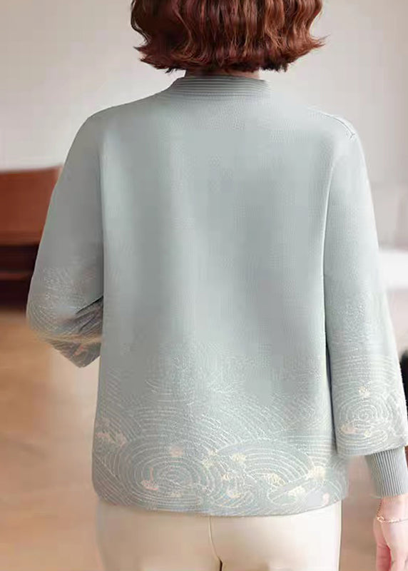 Women Blue Stand Collar Cotton Knit Coats Three Quarter Sleeve