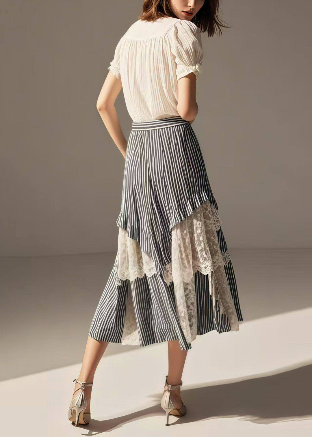 Women Blue Striped Asymmetrical Patchwork Lace Skirts Summer