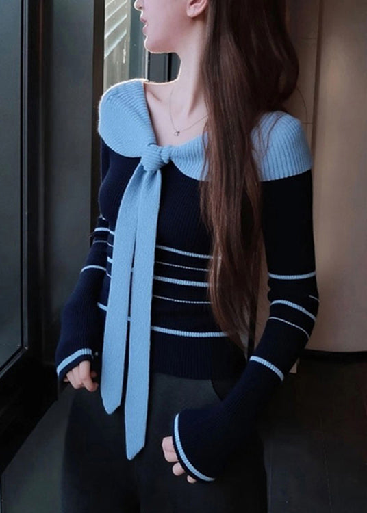 Women Blue Striped Bow Patchwork Knit Sweater Fall