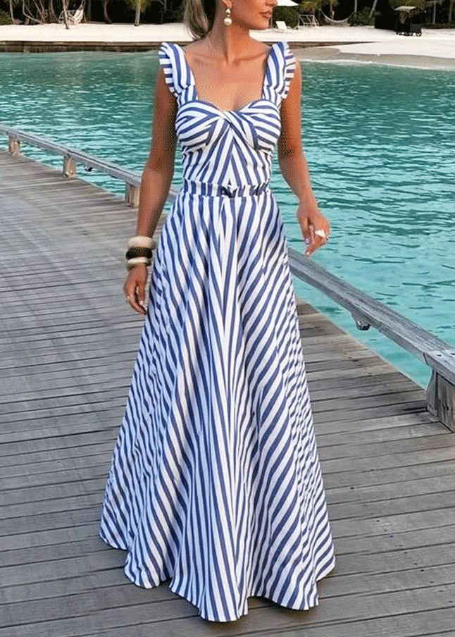 Women Blue Striped Exra Large Hem Cotton Maxi Dress Summer