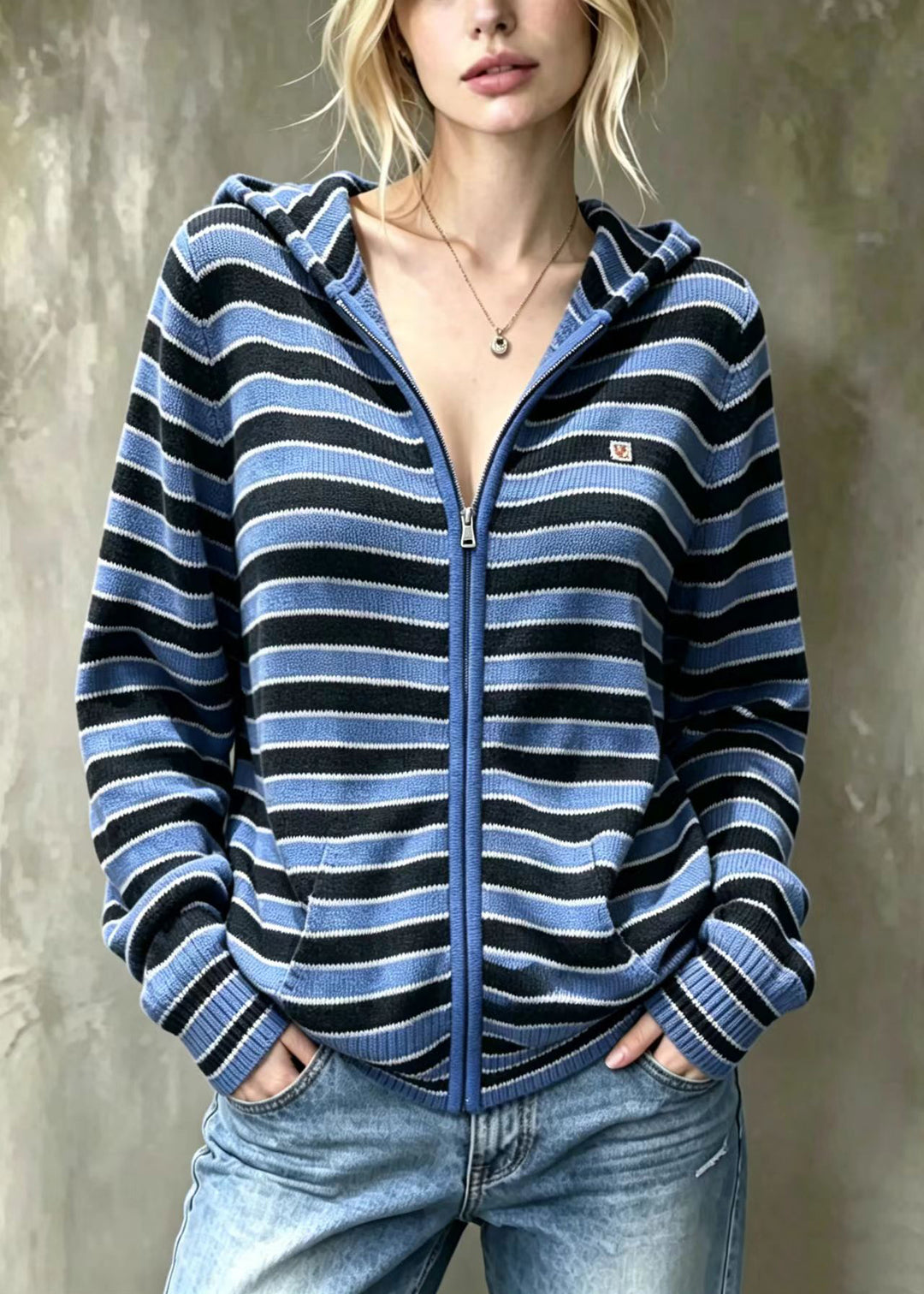 Women Blue Striped Hooded Knit Cardigan Long Sleeve