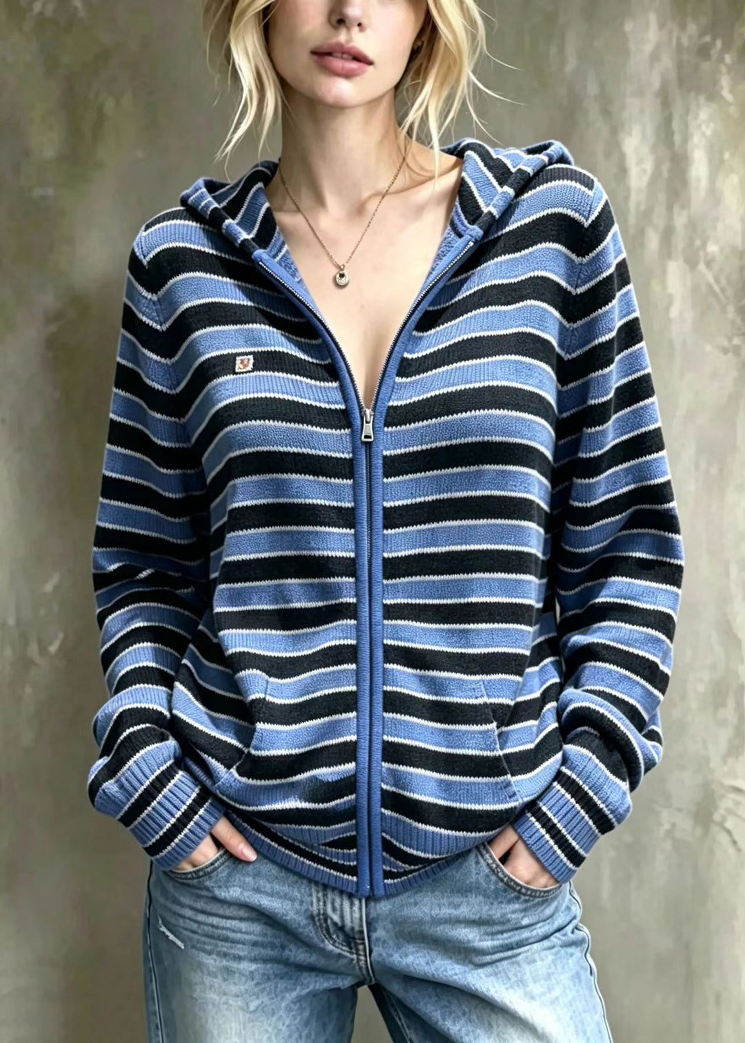 Women Blue Striped Hooded Knit Cardigan Long Sleeve