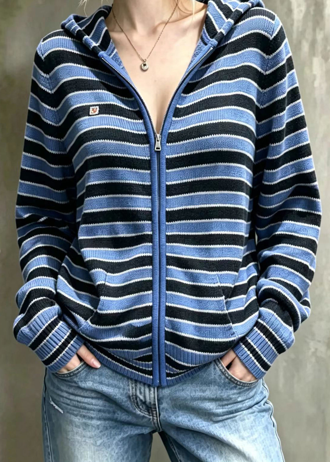 Women Blue Striped Hooded Knit Cardigan Long Sleeve