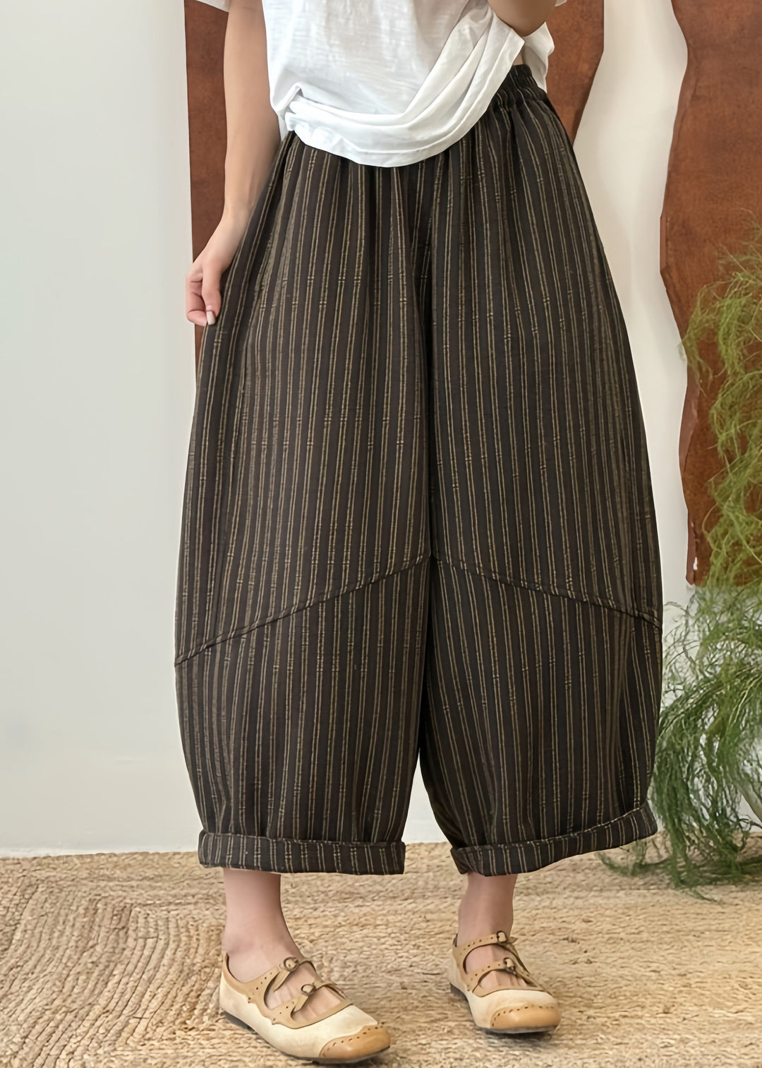 Women Blue Striped Patchwork Elastic Waist Cotton Pants Fall