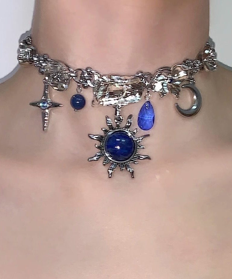 Women Blue Sun Zircon Moon Alloy Pendant Choker