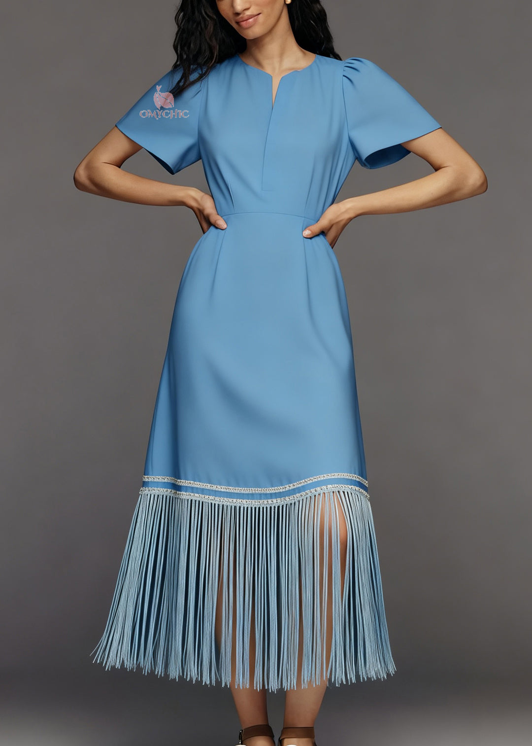 Women Blue Tasseled Patchwork Loose Cotton Dresses Summer