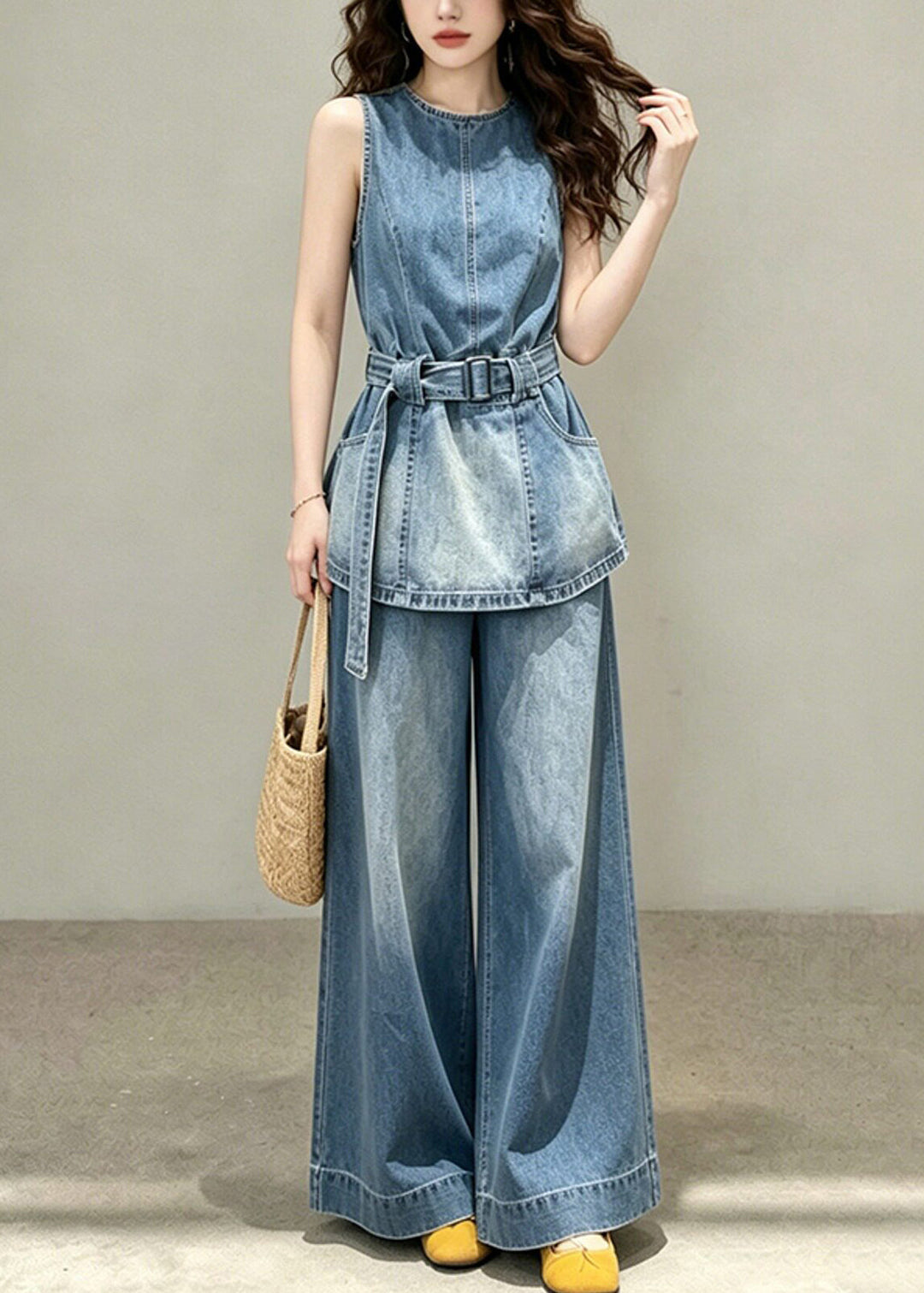 Women Blue Tunic Pockets Denim Two Pieces Set Sleeveless