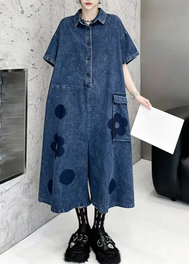 Women Blue Turn-Down Collar Oversized Print Denim Jumpsuit Short Sleeve