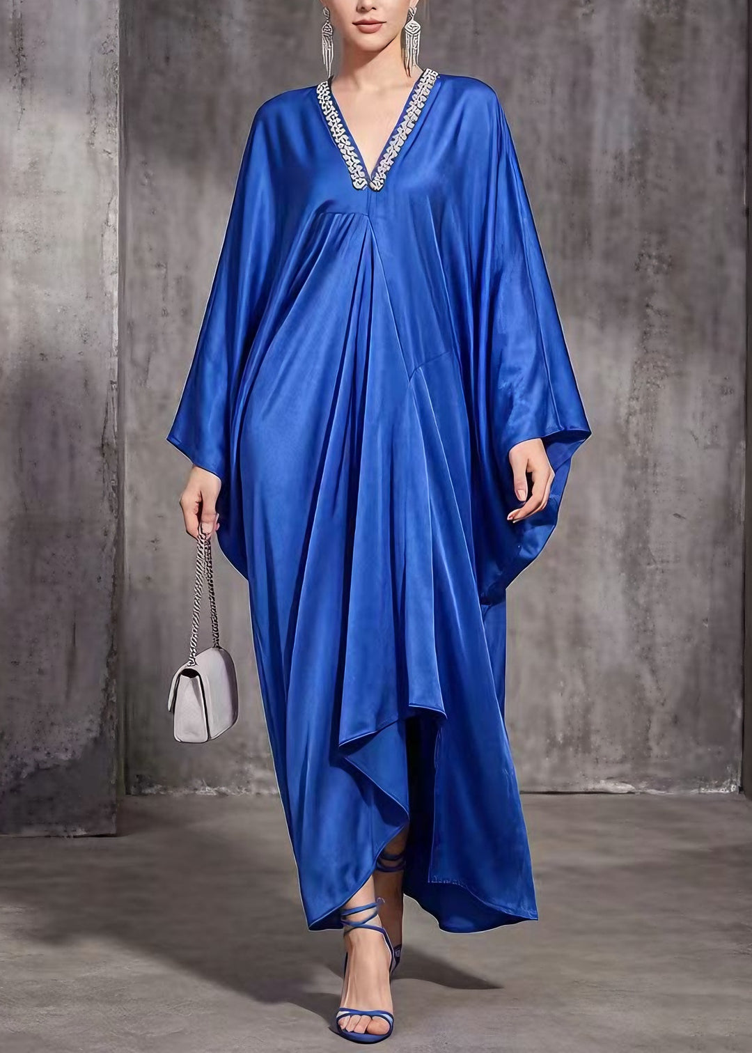 Women Blue V Neck Asymmetrical Design Silk Dress Spring