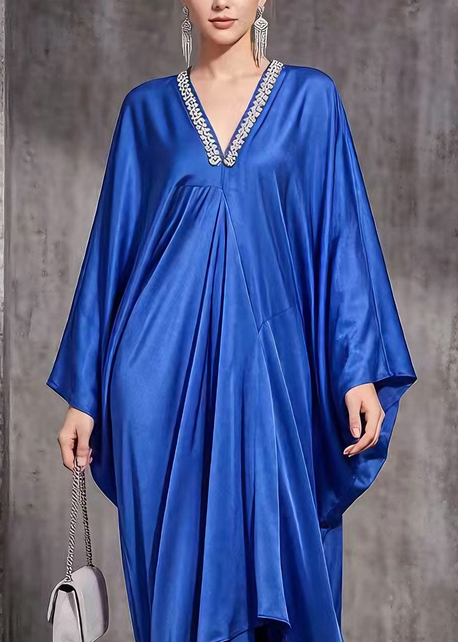 Women Blue V Neck Asymmetrical Design Silk Dress Spring