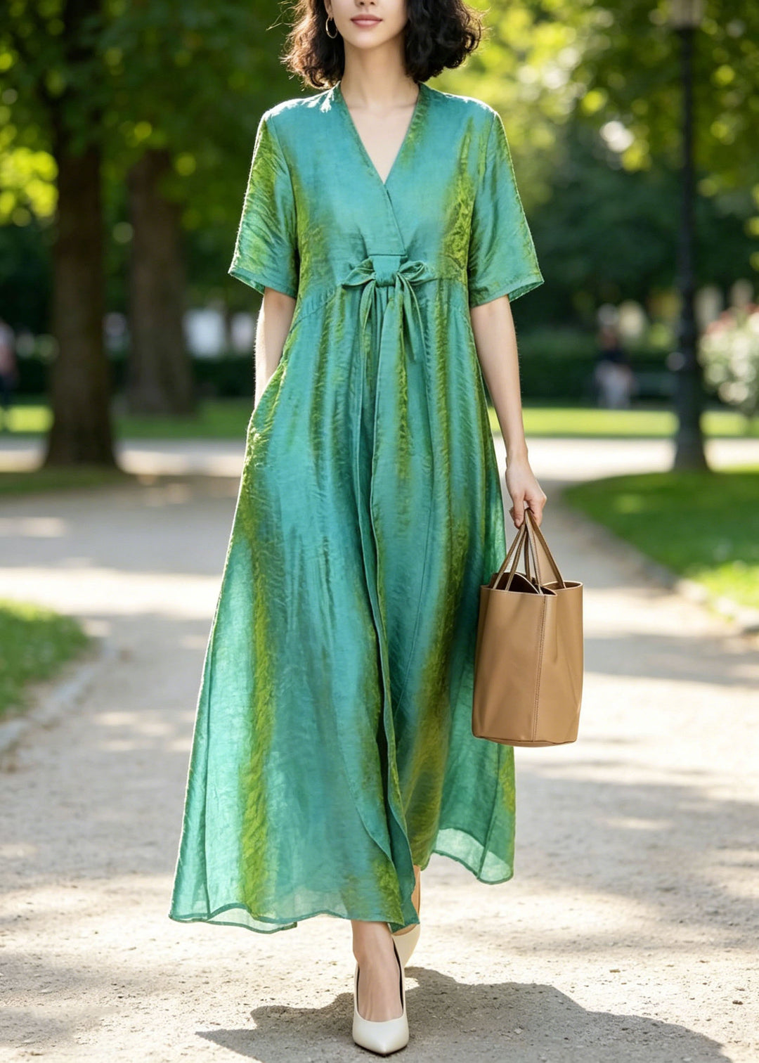 Women Blue V Neck Bow Silk Long Dresses Summer
