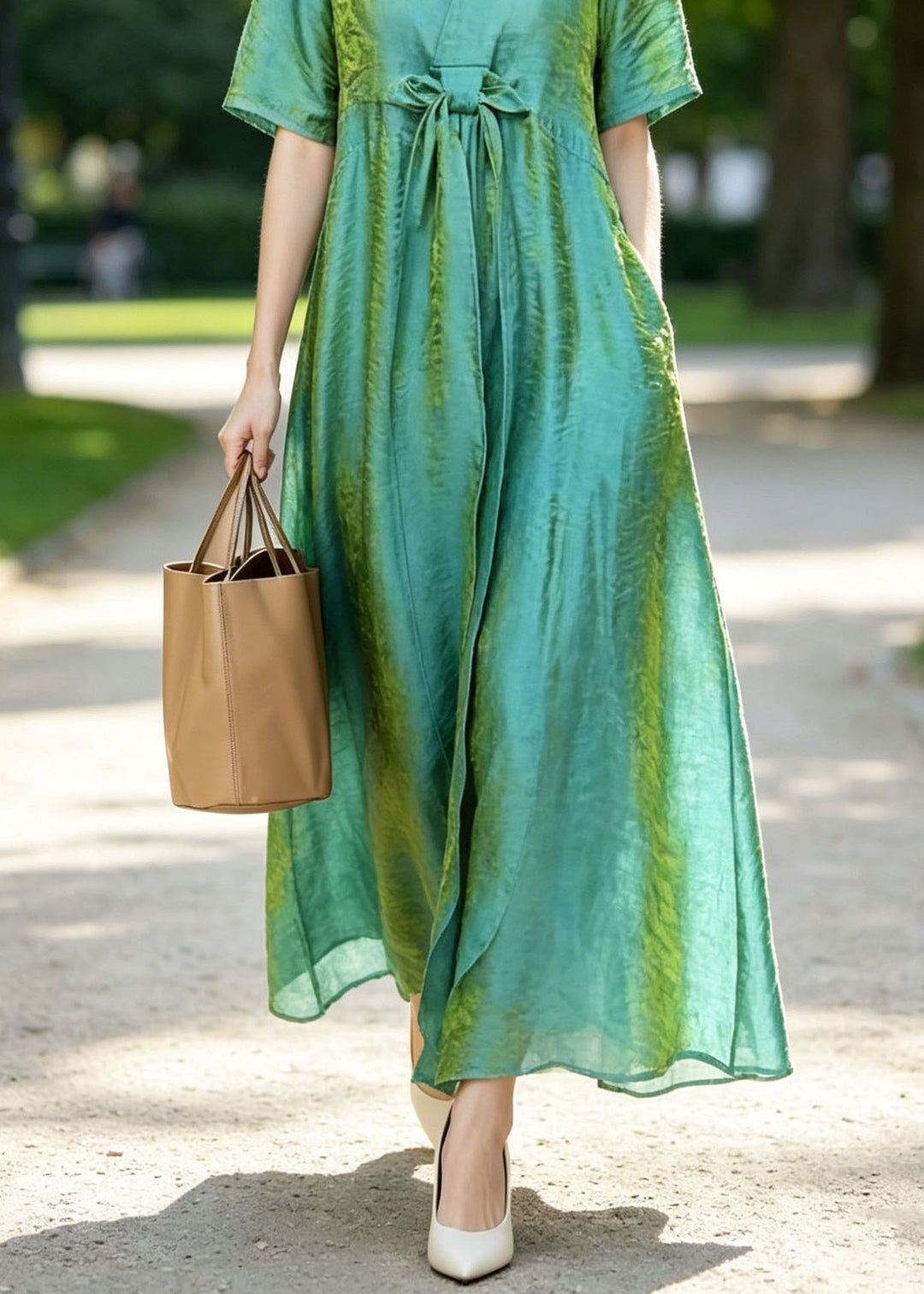 Women Blue V Neck Bow Silk Long Dresses Summer