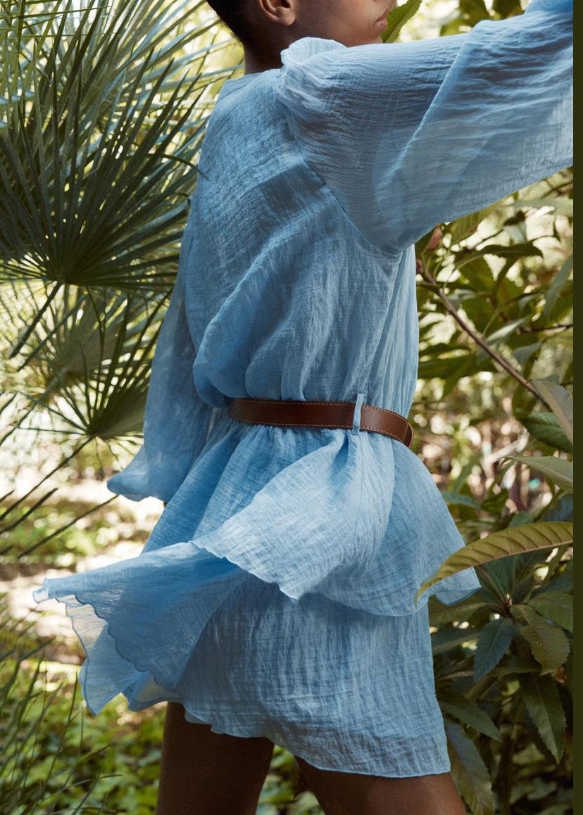 Women Blue V Neck Button Patchwork Cotton Short Dress Fall