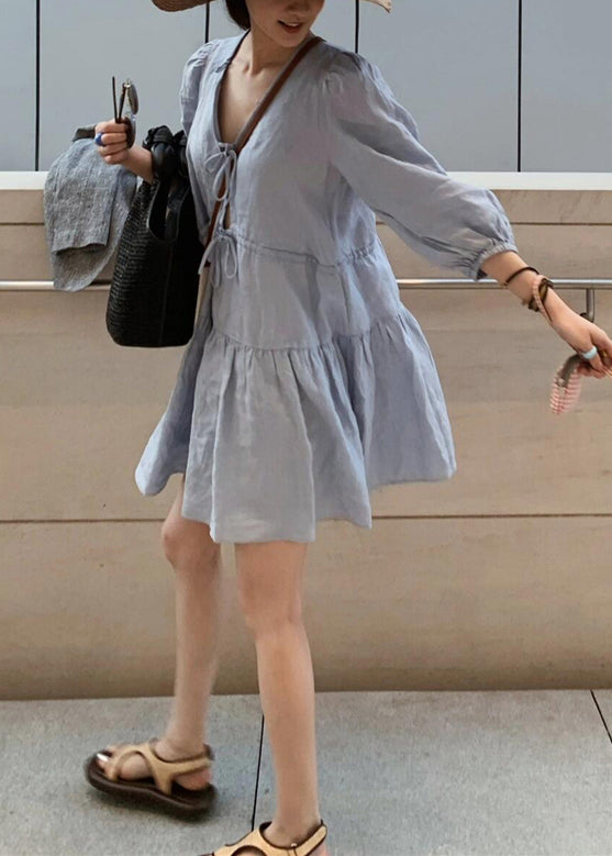 Women Blue V Neck Lace Up Linen Mid Dress Bracelet Sleeve